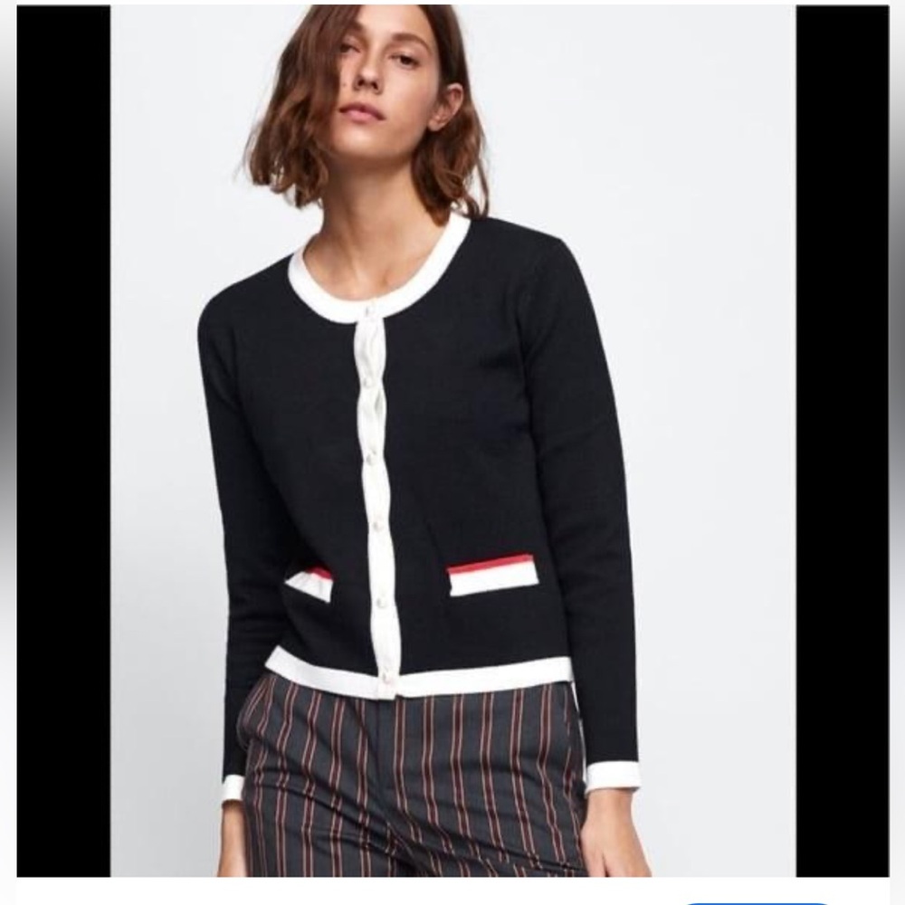 Zara Black Cardigan with White Trim and Red Pocket Detail